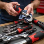 A person cleaning a set of Husky truck tools with a solvent and cloth.