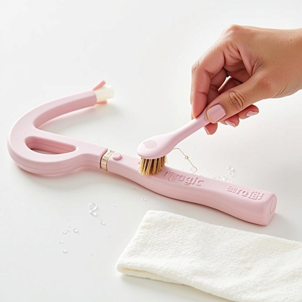 Cleaning a magic hair twist braid tool with a small brush and damp cloth