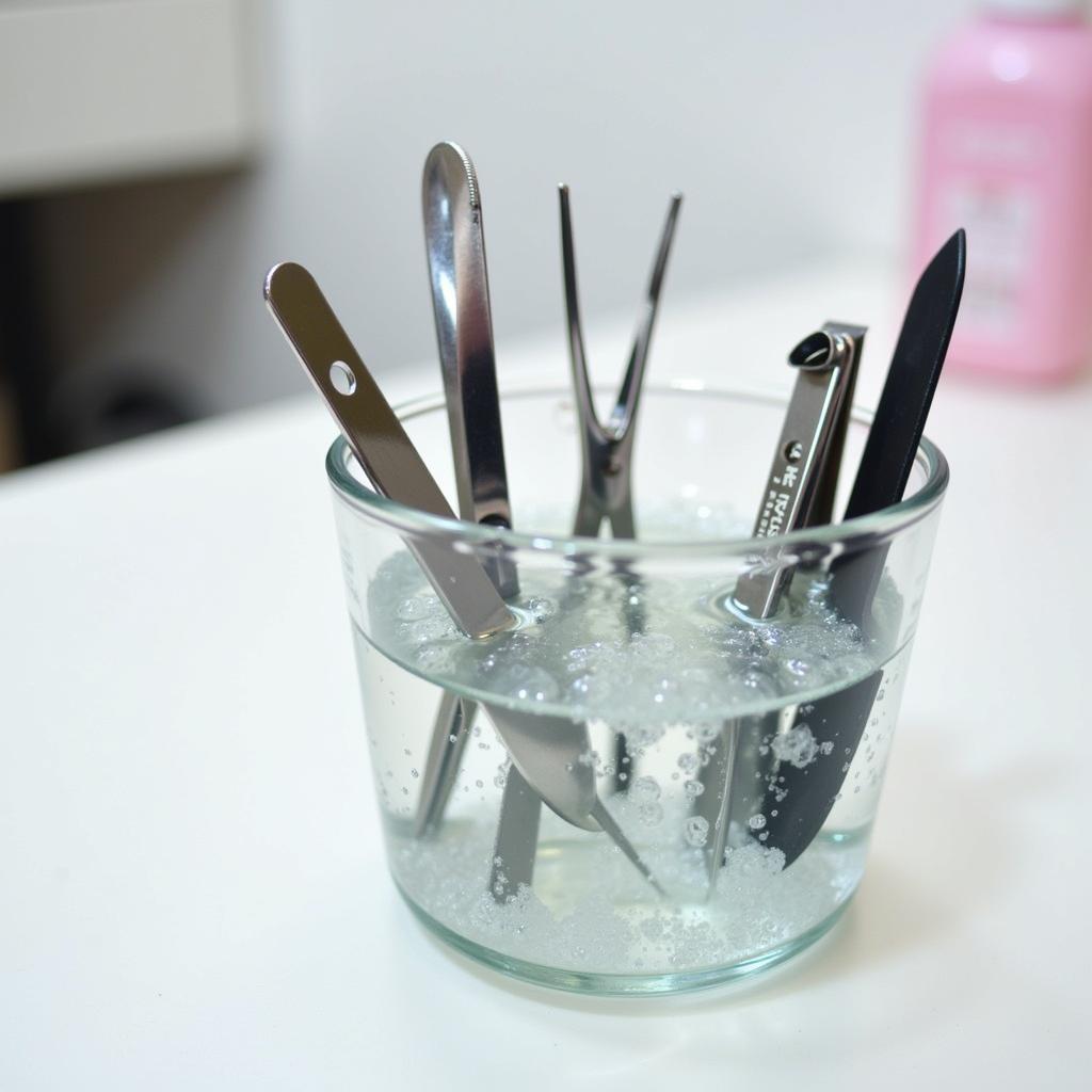 Cleaning nail tools with disinfectant solution