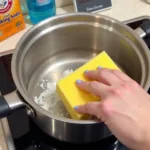 Cleaning stainless steel pots with baking soda paste