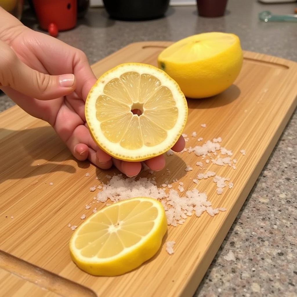 Cleaning a wooden cutting board with lemon and salt