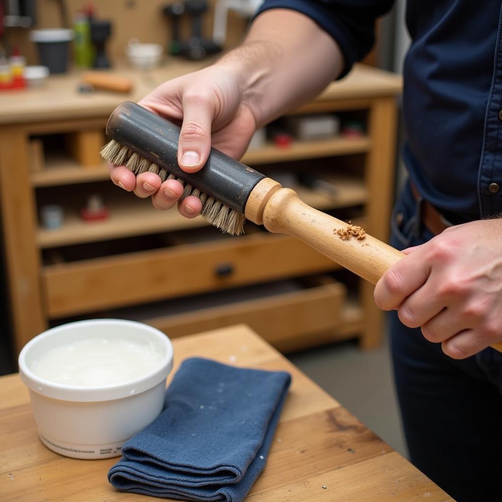 Cleaning wooden tool handles with a brush and damp cloth to remove dirt and grime before applying oil.