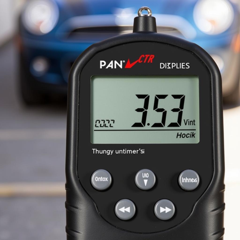 Close-up of a magnetic car paint thickness gauge displaying a reading.