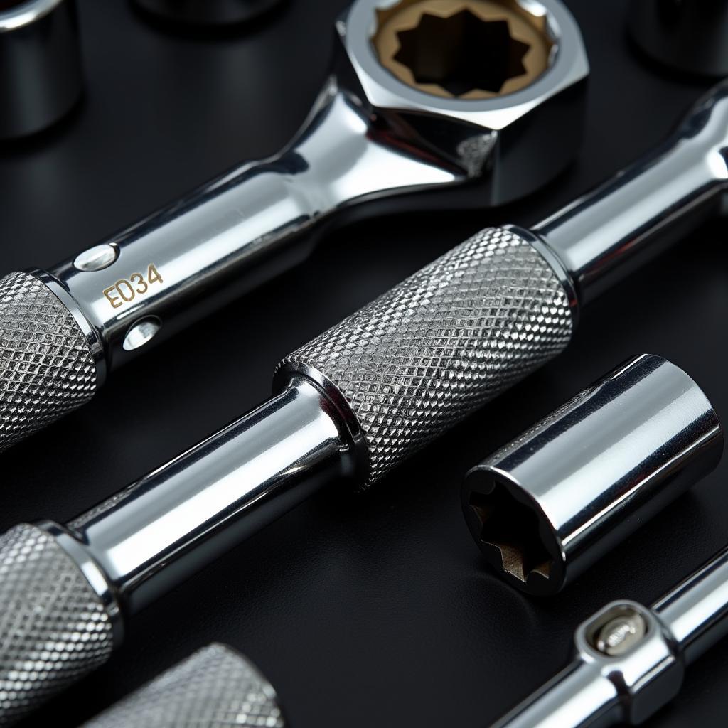 Close-up of a high-quality ratchet and socket set.