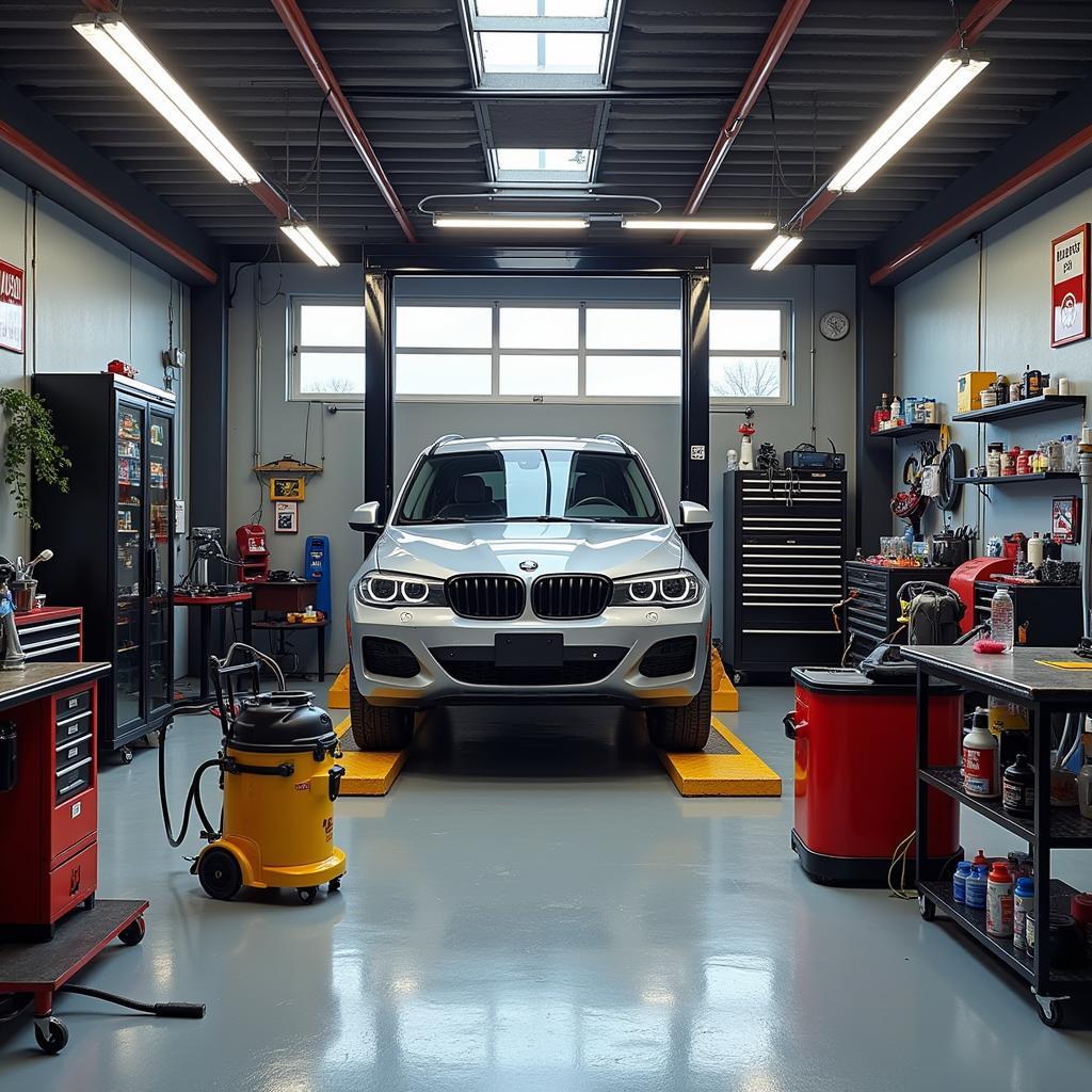 A comprehensive car detailing setup with all the essential tools.