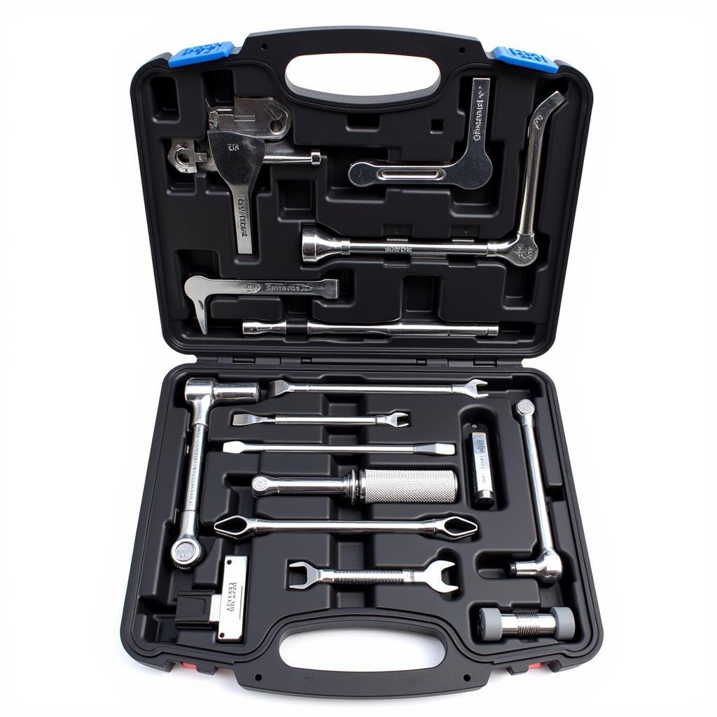 A complete car part tools set arranged in a toolbox, ready for any automotive repair.