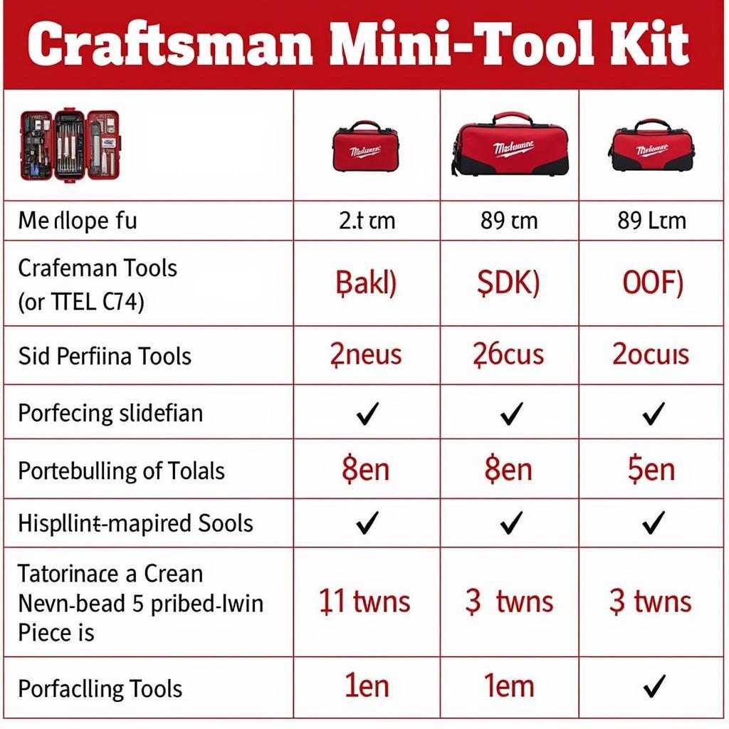 Craftsman Mini Tool Kit Comparison: A comparison chart highlighting the key features and specifications of different Craftsman mini tool kit models, helping users choose the right one based on their needs.