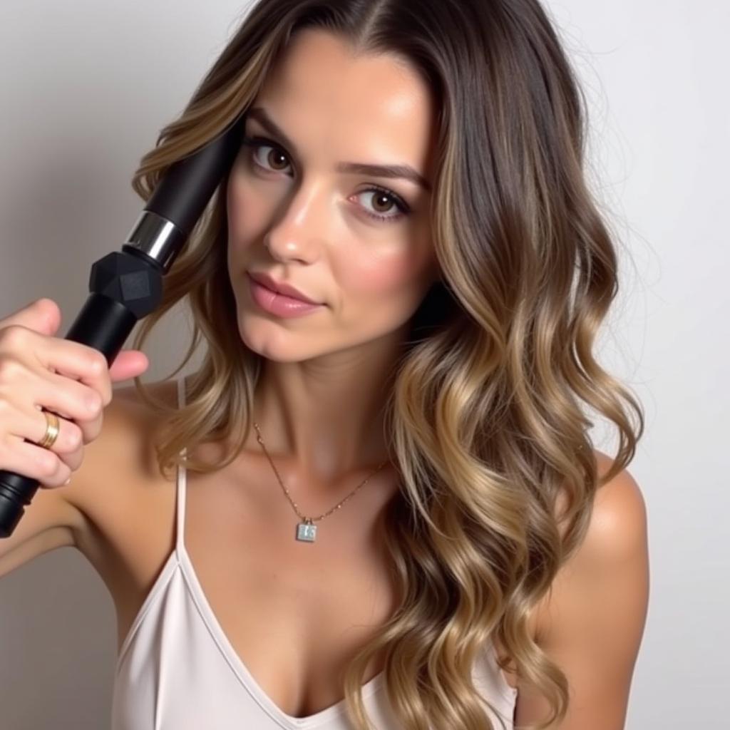 Curling Iron Creating Waves in Long Hair