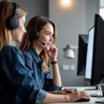 Customer care agent using a headset and interacting with a customer through a computer.