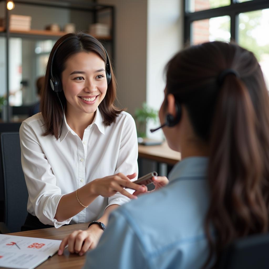 Smiling customer service representative assisting a customer