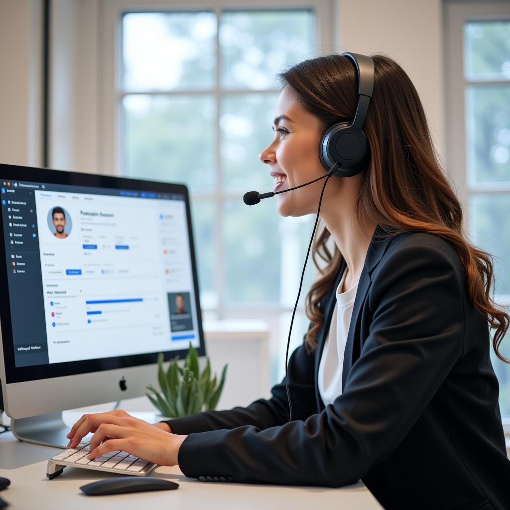 Customer service representative using a headset and interacting with a customer through a CRM platform.