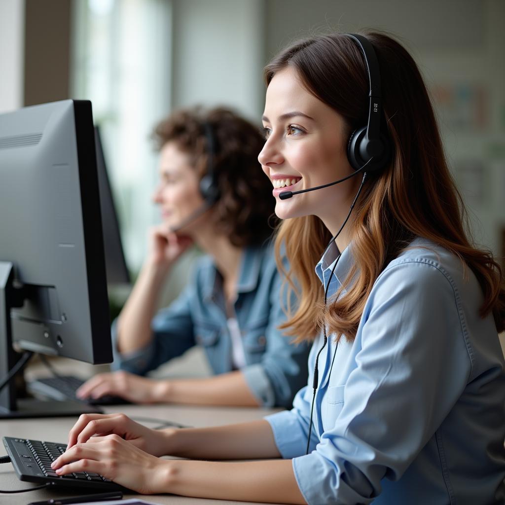 Customer Support Agent Using Headset and Interacting with Customer on Computer