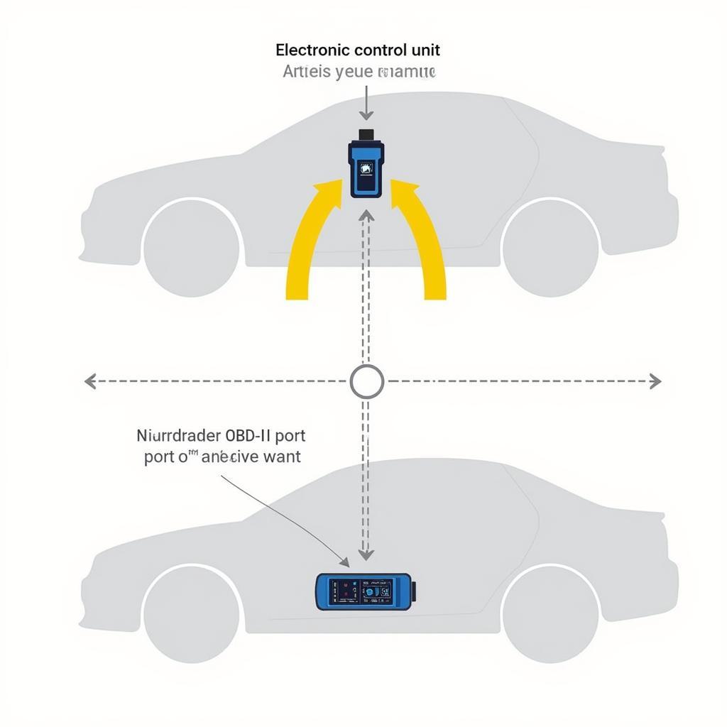 Diagram illustrating the connection between a D532 car tool, a vehicle's OBD-II port, and the car's ECU.