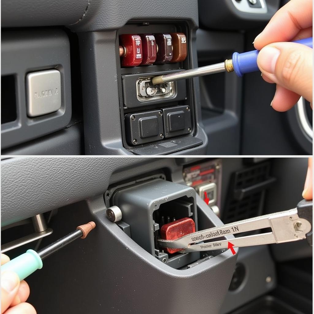 Damaged car fuse box resulting from improper fuse removal techniques