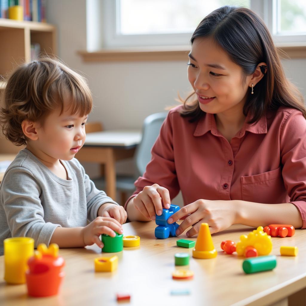 Day care assessment tools being used by a teacher and child