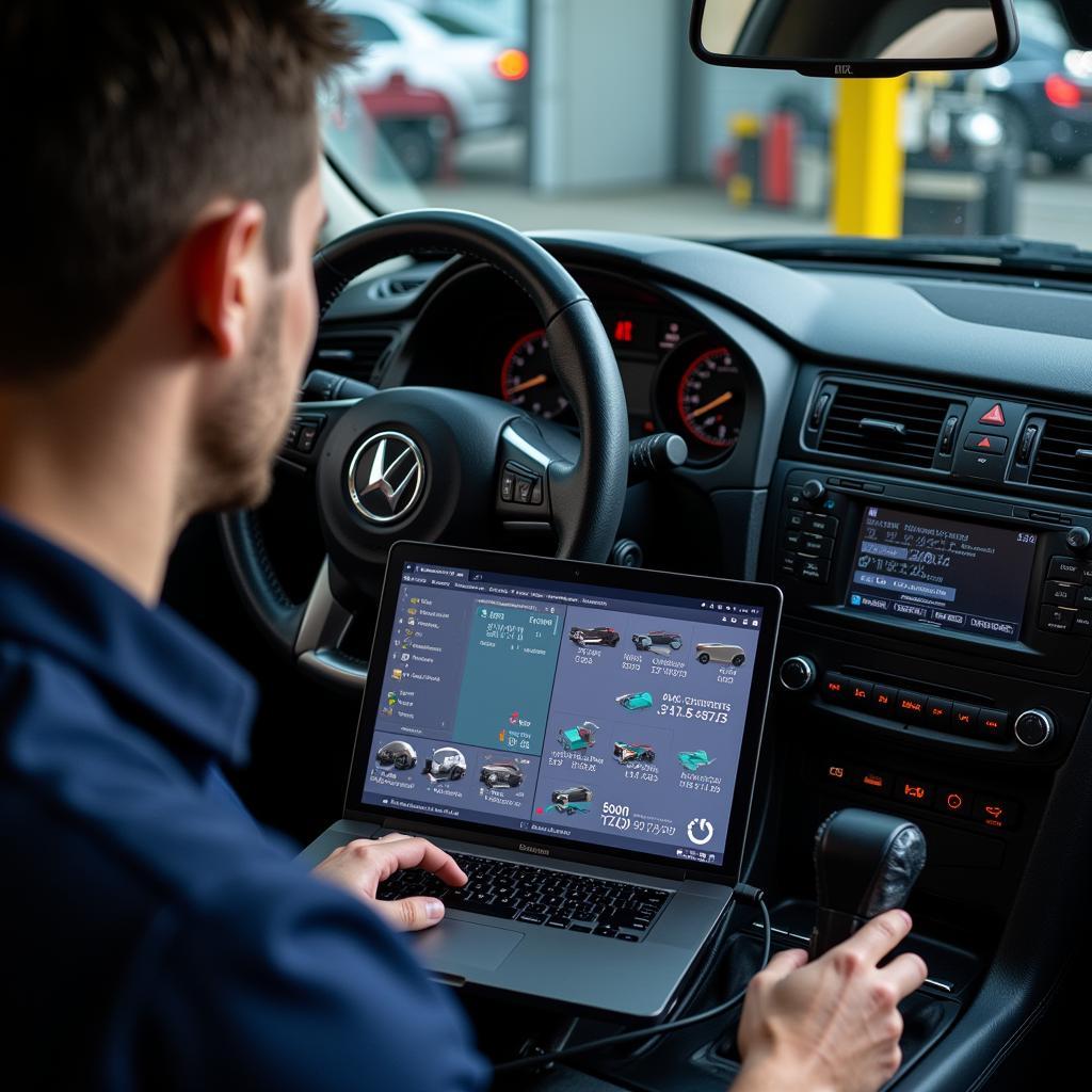 Technician using diagnostic software on a car