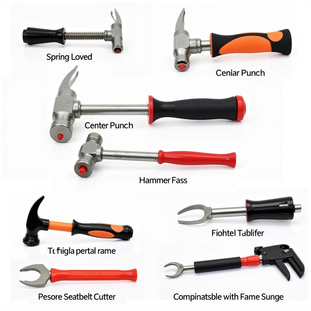 Various car escape tools, including center punches and hammers.