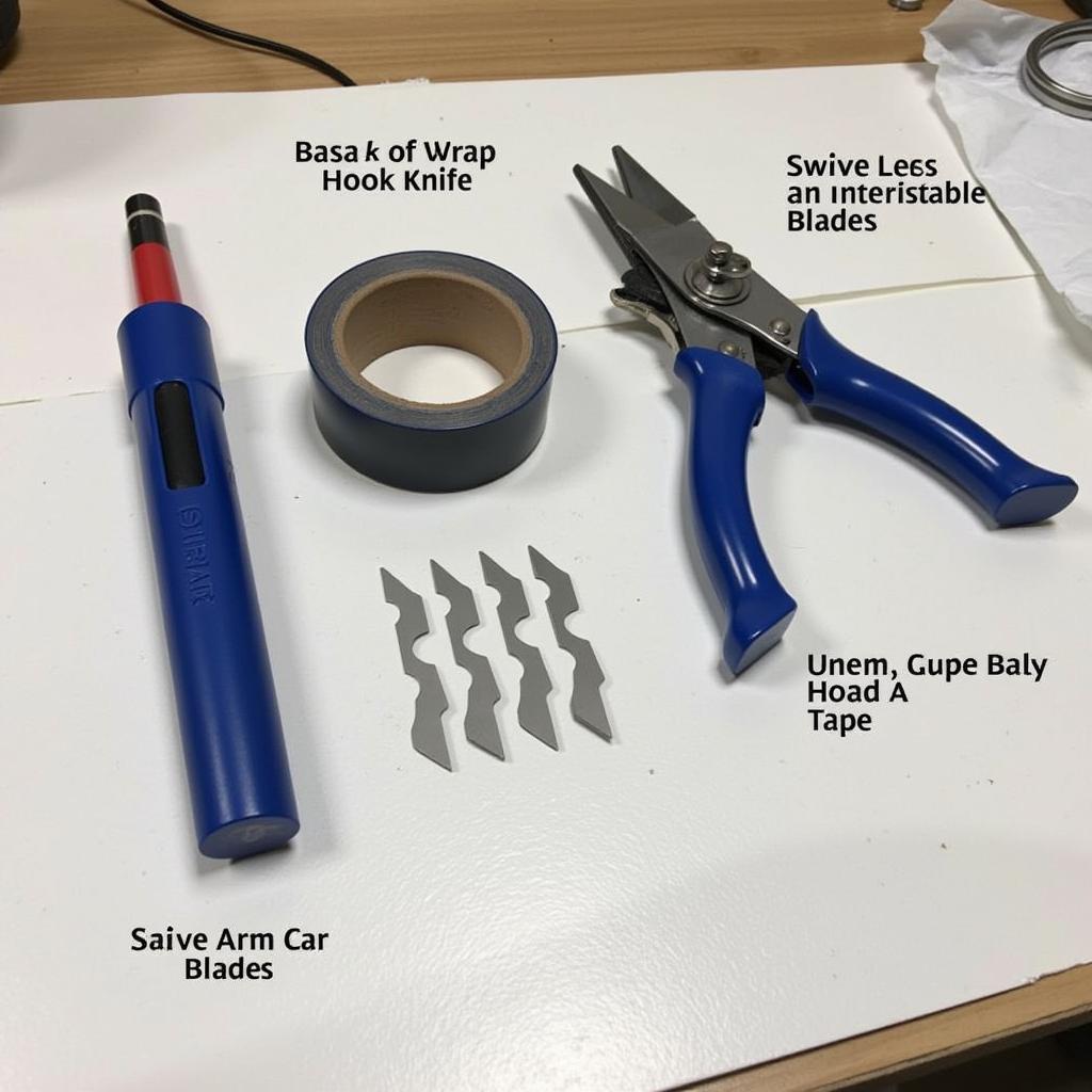 Different Car Wrap Cutting Tools: Utility knives, swivel knives, knife-less tape, and specialty blades displayed on a workbench