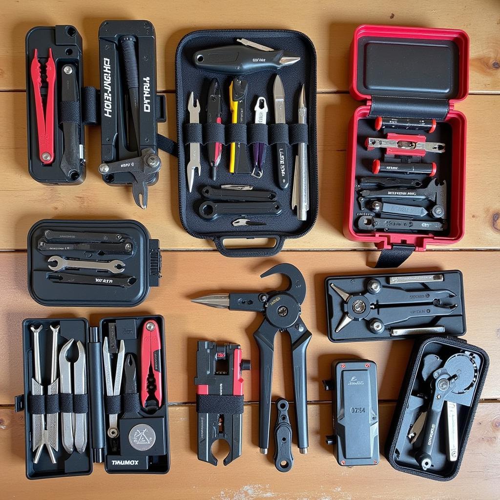 Various multi-tool kits displayed on a workbench.