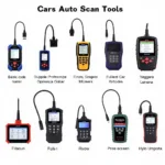 Various car auto scan tools displayed, showcasing different sizes and functionalities