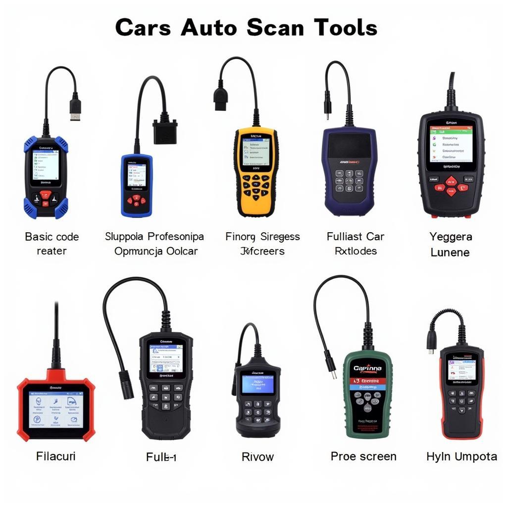 Various car auto scan tools displayed, showcasing different sizes and functionalities