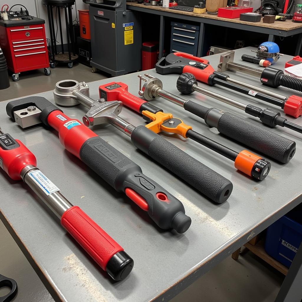 Various Car Body Alignment Tools Displayed: A collection of different alignment tools, including frame straightening machines, measuring systems, clamps, and pulling chains.