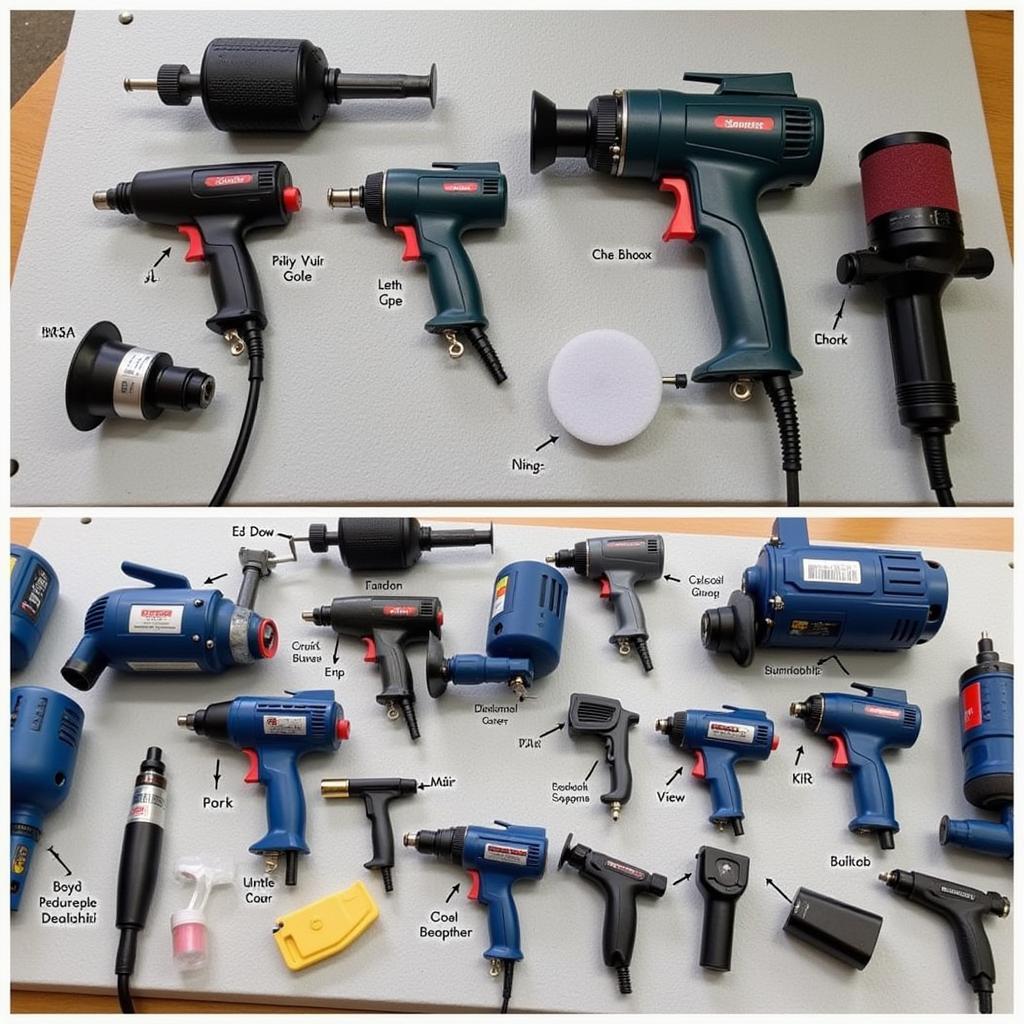 Different types of car detailing air tools displayed on a workbench