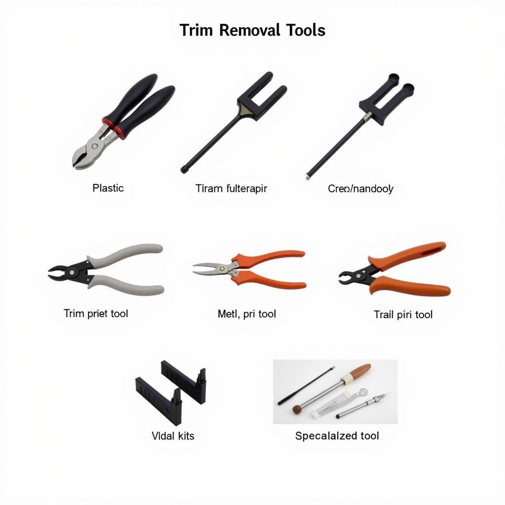 Various car window trim removal tools laid out on a workbench