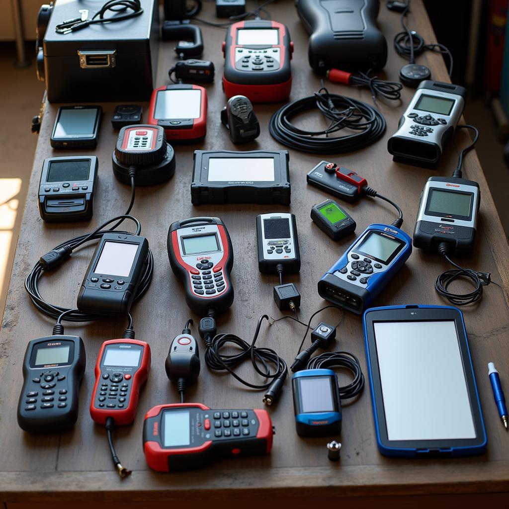 Various car diagnostic tools displayed on a workbench