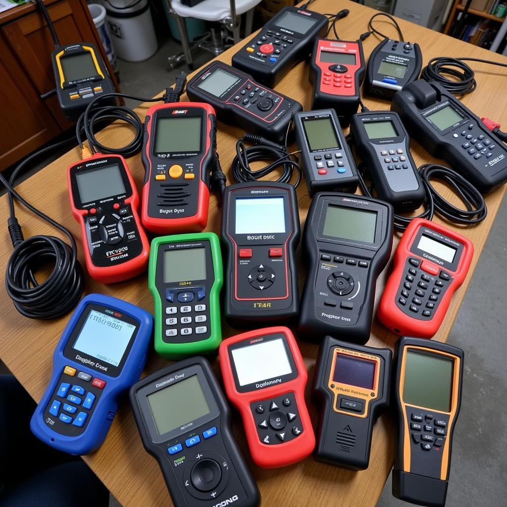 Variety of OBD2 diagnostic tools on a workbench