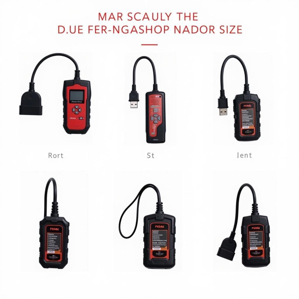 A collection of different types of OBD2 scanners, ranging from basic code readers to professional scan tools.