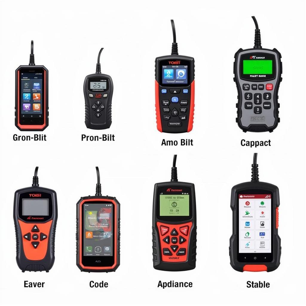 Various models of universal car fault reader code scanner diagnostic tools displayed on a workbench.