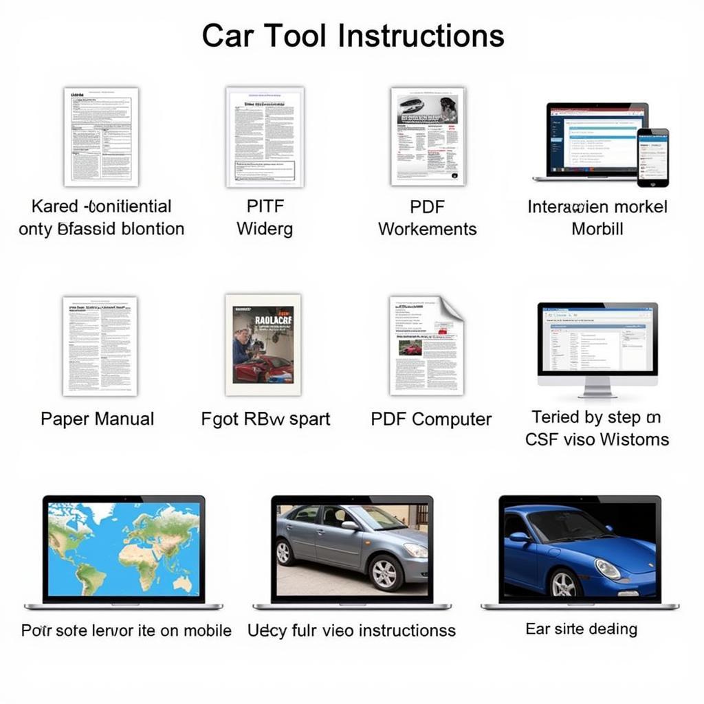 A collage showcasing various formats of US car tool instructions, including paper manuals, online PDFs, and interactive videos.