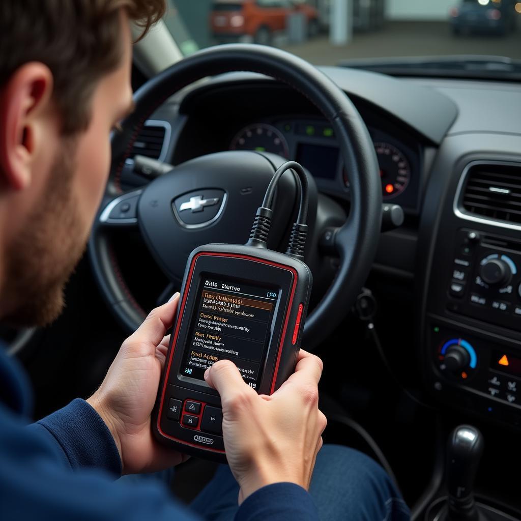 Technician using a digital car circuit scanner diagnostic tool to troubleshoot a car's electrical system