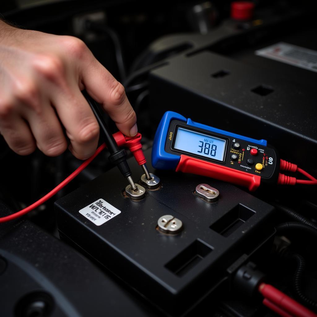 A mechanic uses a digital multimeter to test the voltage of a car battery in a repair shop.