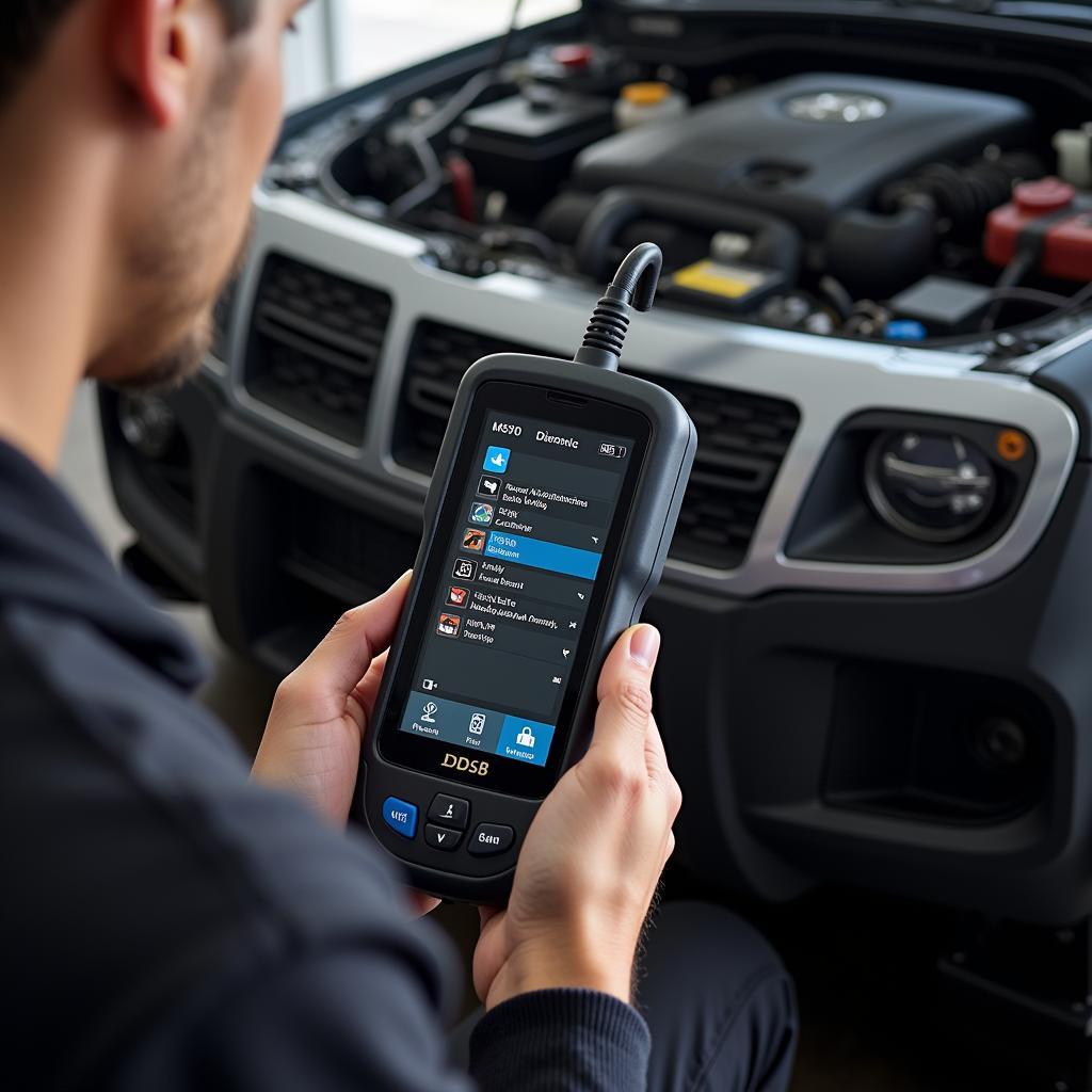 A person using a car diagnostic tool to perform DIY maintenance.