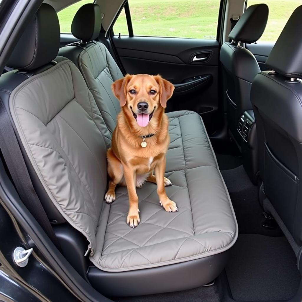 A dog sitting on a car seat cover designed for pet hair.