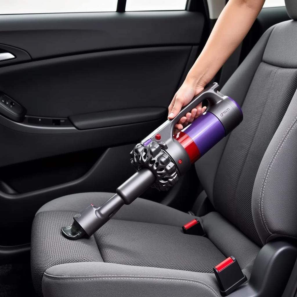 A Dyson handheld vacuum being used to clean a car seat, highlighting its portability and ease of use for spot cleaning.