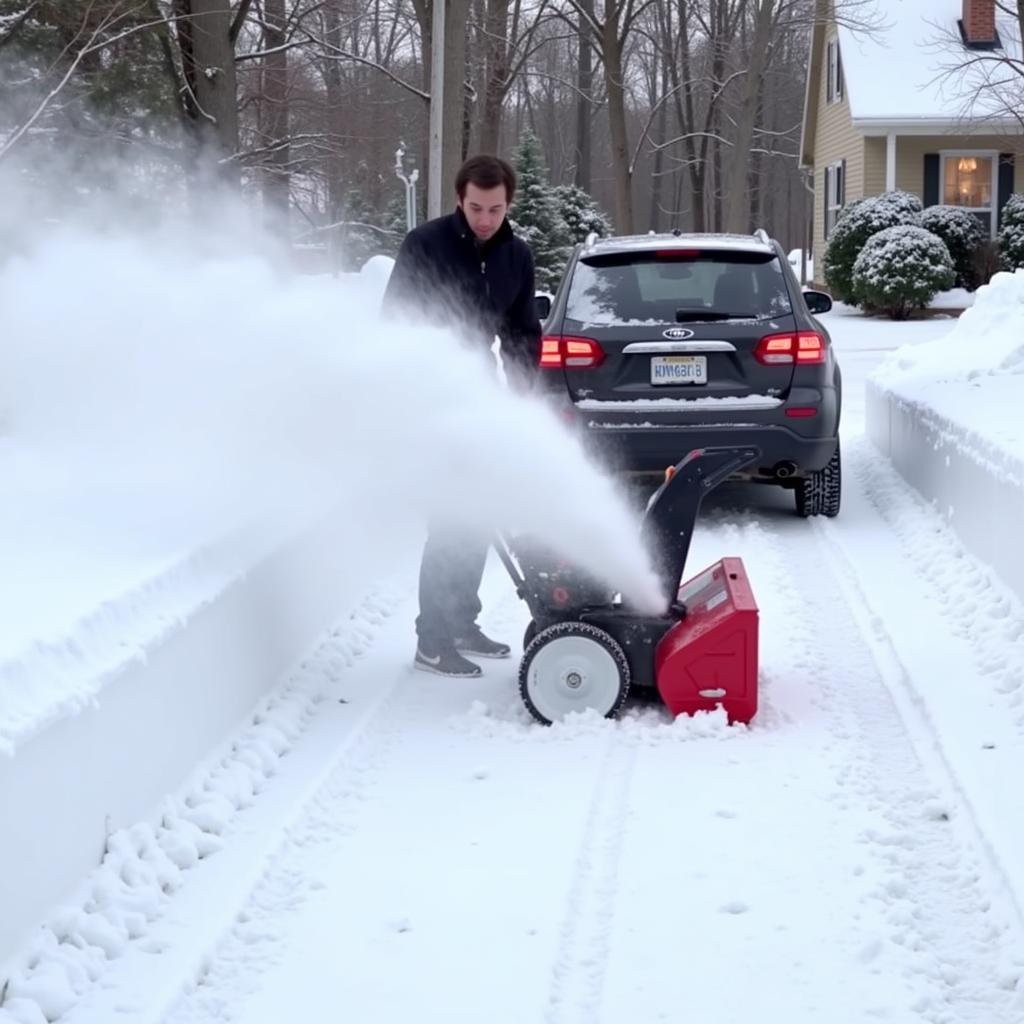 Electric Snow Blower Clearing Car Driveway