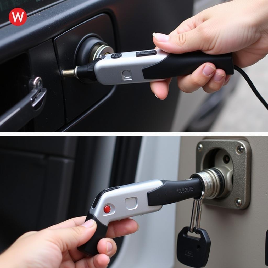 Close-up of an electronic car lock pick gun being used to open a car door lock.