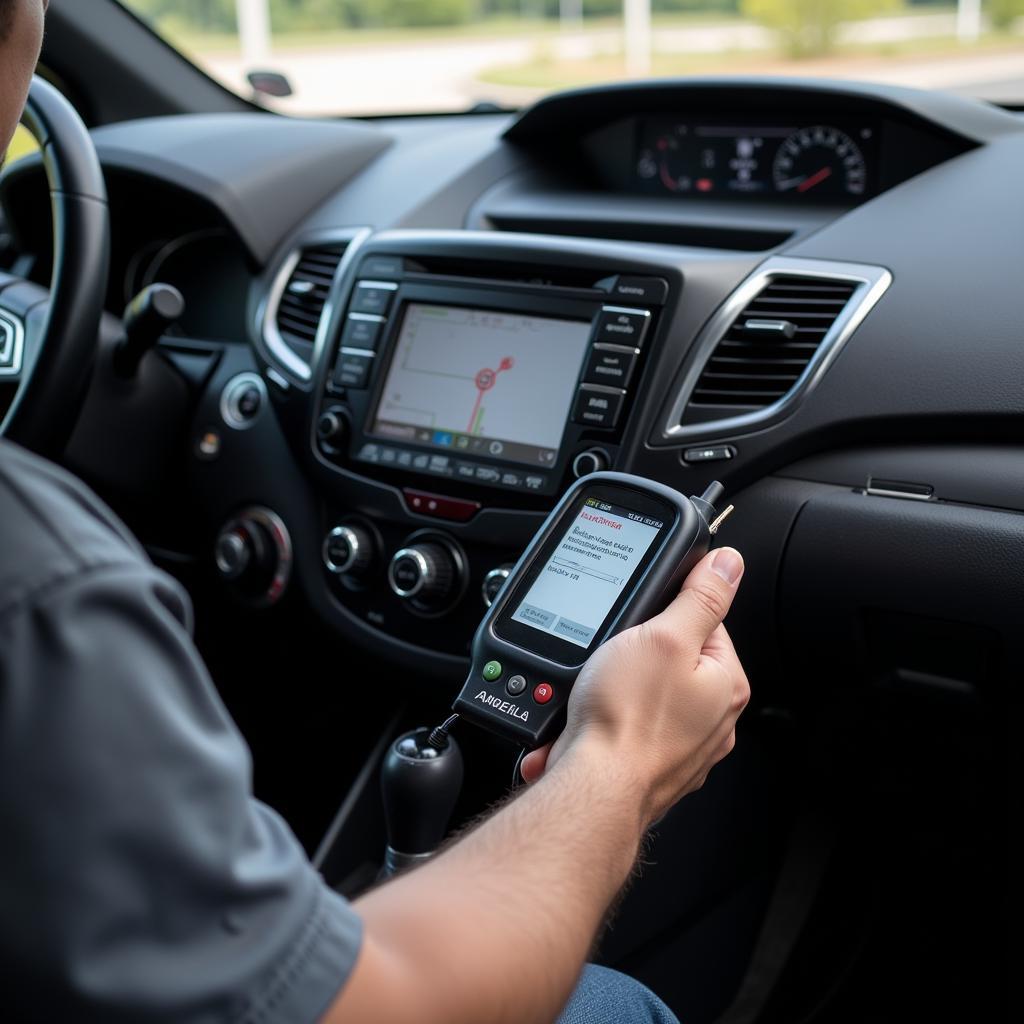 Electronic car opening tool connected to a car's OBD port.