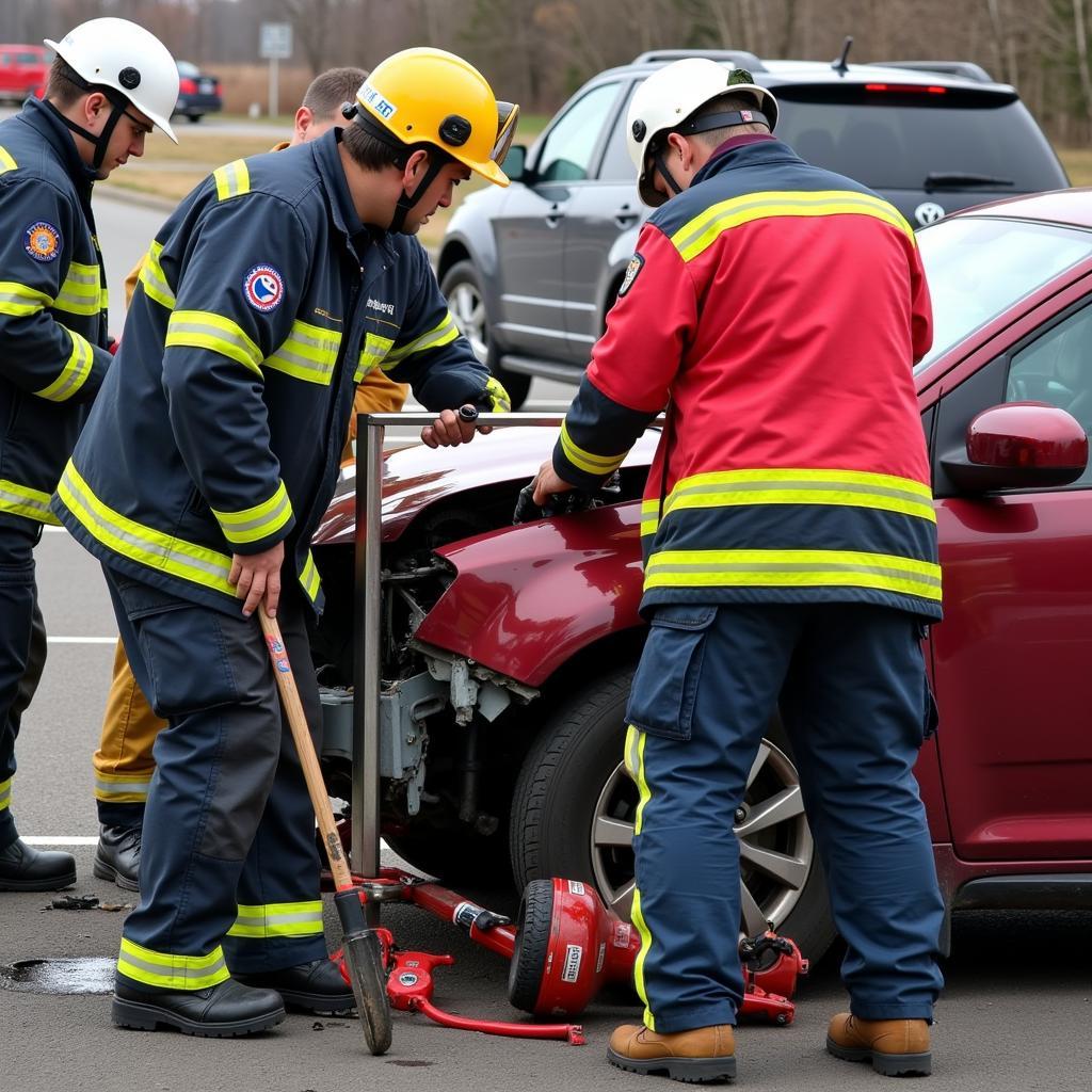 Emergency Responders Employing Extrication Tools at an Accident Scene