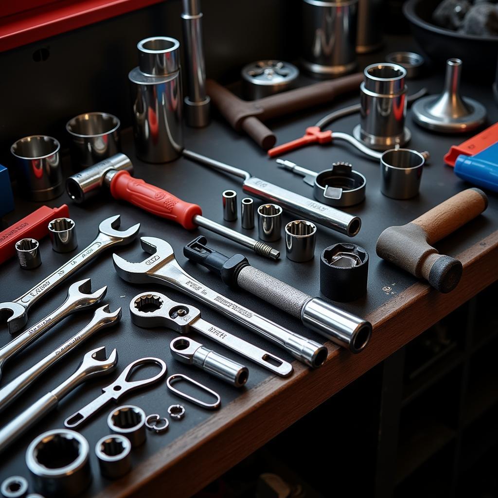 Essential Car Mechanic Tools Displayed on a Workbench