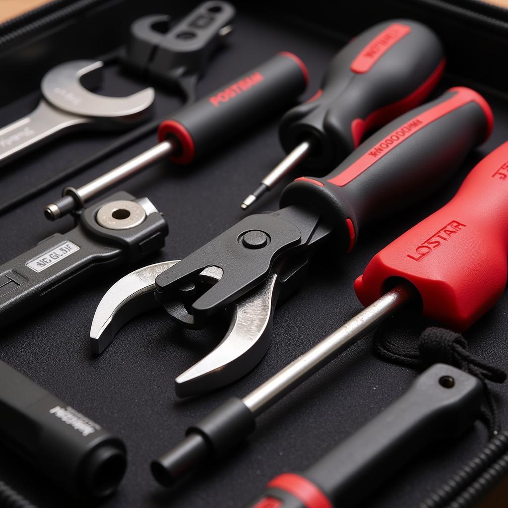 Close up of essential tools in a car tool kit, highlighting the variety and quality.