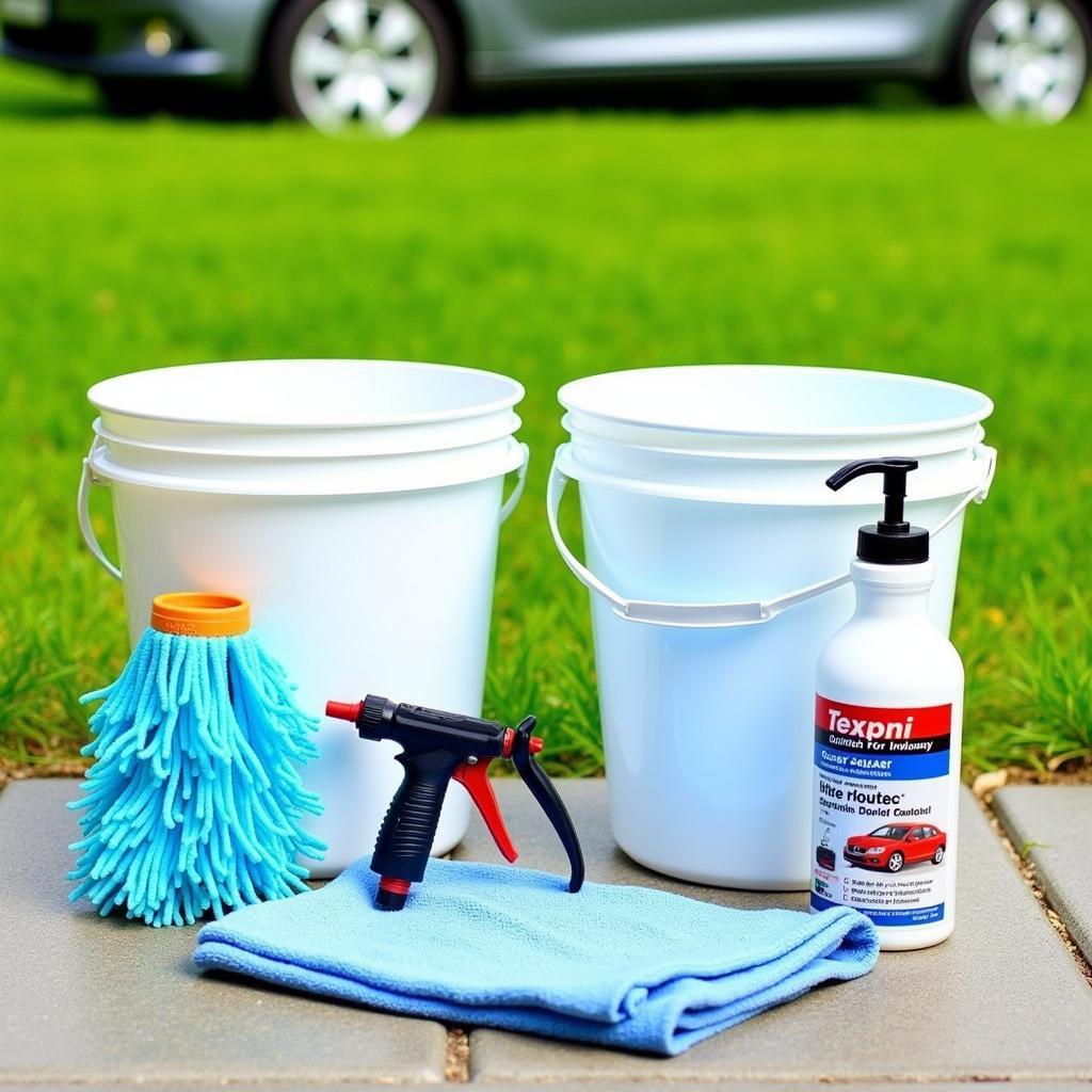 Essential car wash tools including buckets, wash mitts, and soap.