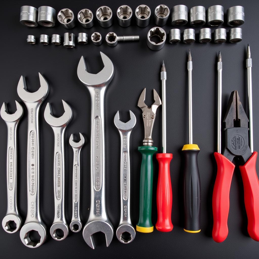 Essential hand tools for car repair including wrenches, screwdrivers, and pliers arranged on a workbench.