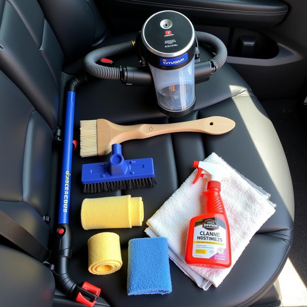 Essential tools for cleaning pet messes in a car.