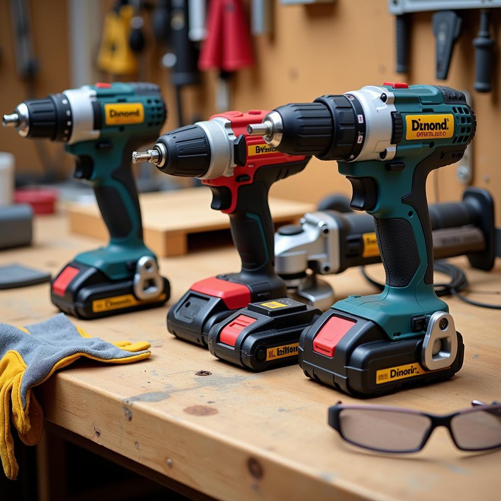 Essential power tools for a car garage including a cordless drill, impact wrench, and angle grinder.