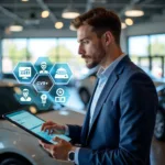 Essential tech tools for modern car salesmen like CRM, inventory management software, and digital marketing platforms.