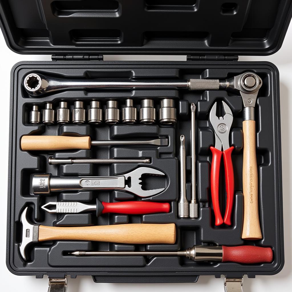 Essential used hand tools for car maintenance arranged in a toolbox.